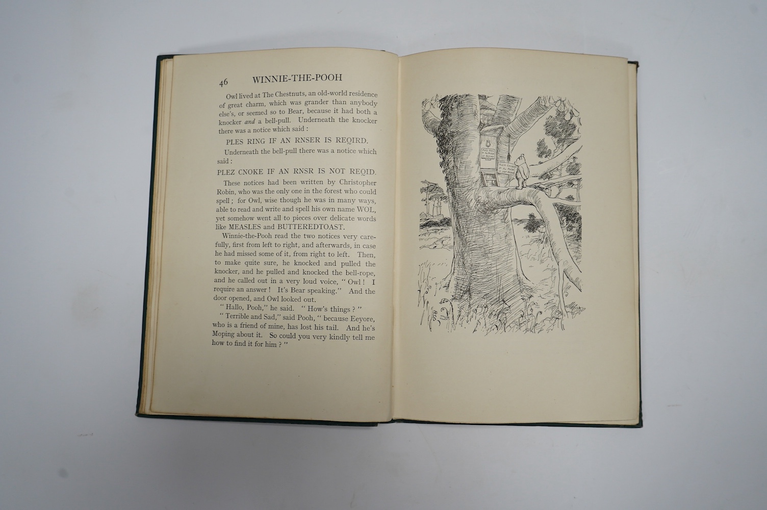 Milne, A.A. - Winnie-The-Pooh, With Decorations by Ernest H. Shepard. First Edition. num. illus. (incl. title, some full page), pictorial map on e/ps.; publisher's gilt ruled and pictorial green cloth, gilt top, sm.8vo.